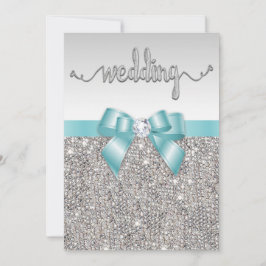 Faux Silver Sequins Teal Bow Bröllop typografi Inbjudningar