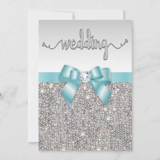 Faux Silver Sequins Teal Bow Bröllop typografi Inbjudningar (Framsida)