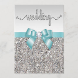 Faux Silver Sequins Teal Bow Bröllop typografi Inbjudningar