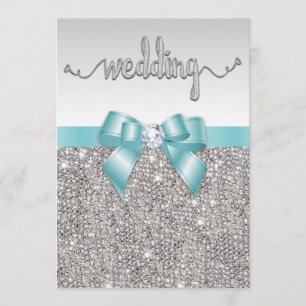 Faux Silver Sequins Teal Bow Bröllop typografi Inbjudningar