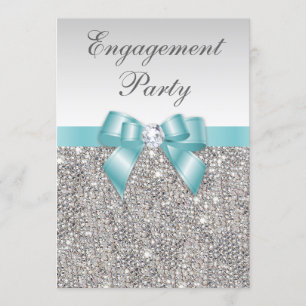 Faux Silver Sequins Teal Bow Förlovningsfest Inbjudningar