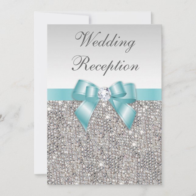 Faux Silver Sequins Teal Bow Wedening Reception Inbjudningar (Framsida)