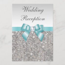Faux Silver Sequins Teal Bow Wedening Reception Inbjudningar