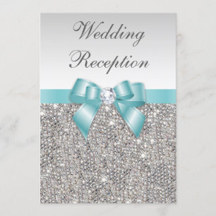 Faux Silver Sequins Teal Bow Wedening Reception Inbjudningar
