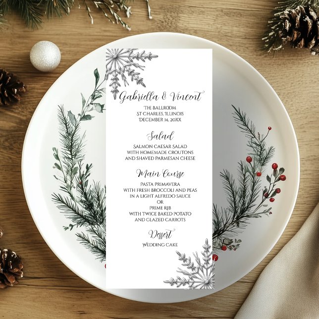 Faux Silver Snöflingor Winter Wedding Menu Meny (Skapare uppladdad)
