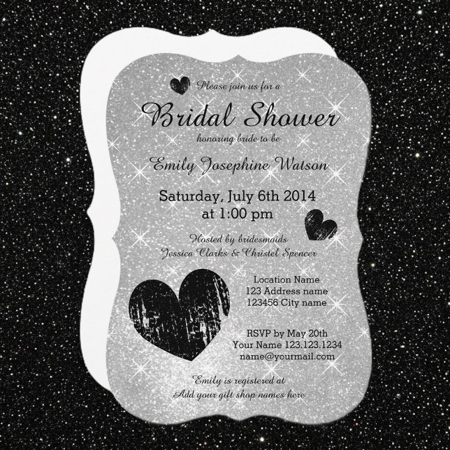 Faux silver svart glitter inbjudningskort för möhi (silver bridal shower invitations)