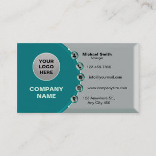 Faux Silver-Teal Glossy Metallic with 3D Icons Visitkort