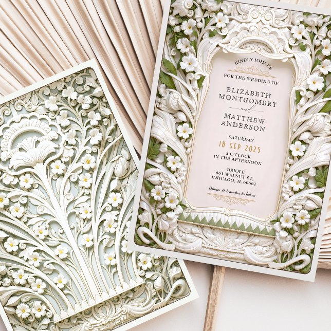 Faux skulpterad ivoriansk Blooms Bröllop Inbjudningar (Skapare uppladdad)