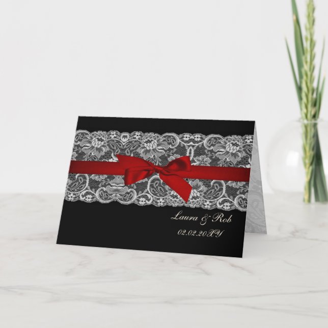 Faux snöre och ribbon red, svart bröllop Tack (Framsida)