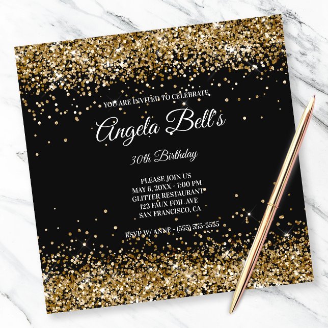 Faux Sparkly Guld Glitter Black Inbjudningar (Skapare uppladdad)