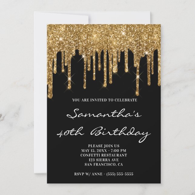Faux Sparkly Guld Glitter Drives Black Birthday Inbjudningar (Framsida)