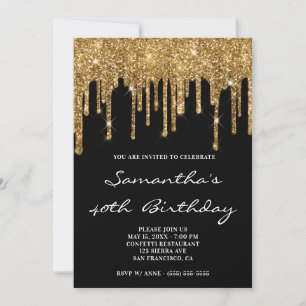 Faux Sparkly Guld Glitter Drives Black Birthday Inbjudningar