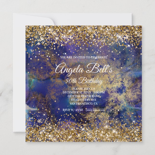 Faux Sparkly Guld Glitter Indigo Marble Monogram Inbjudningar (Baksida)