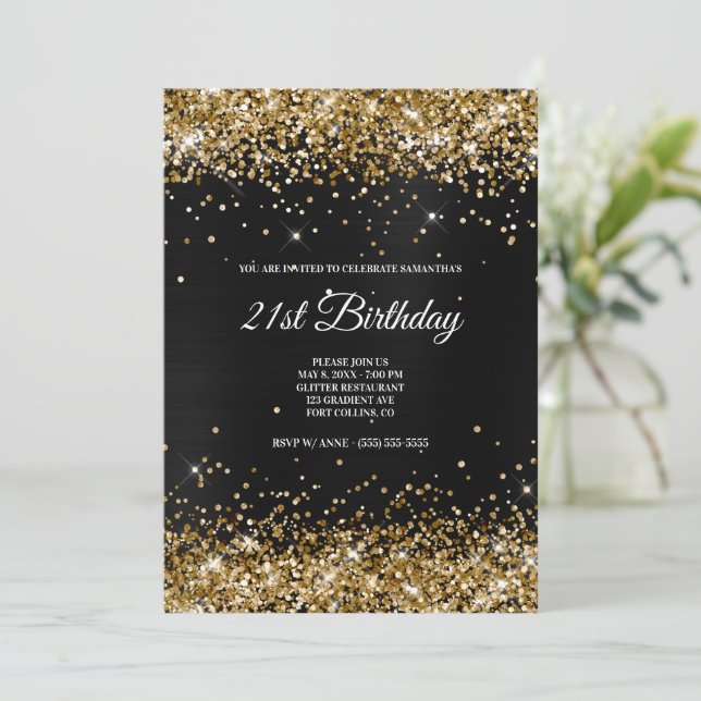Faux Sparkly Guld Glitter Mörk Grått Black Foil Inbjudningar (Stående Fram)
