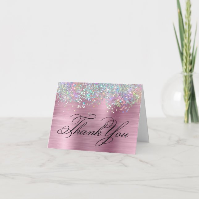 Faux Sparkly Holografiska Glitter Rosa Foil Tack Kort (Framsida)