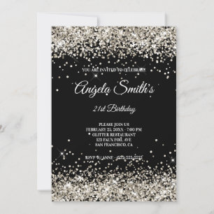 Faux Sparkly Platinum Glitter Black Inbjudningar