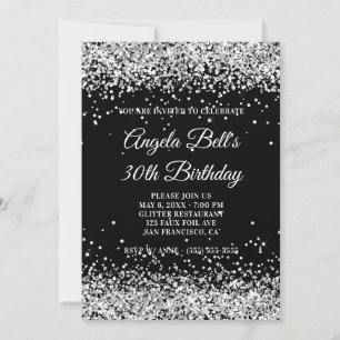 Faux Sparkly Silver Glitter Black 30års födelsedag Inbjudningar