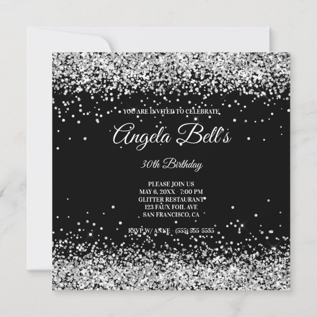 Faux Sparkly Silver Glitter Black Inbjudningar (Baksida)