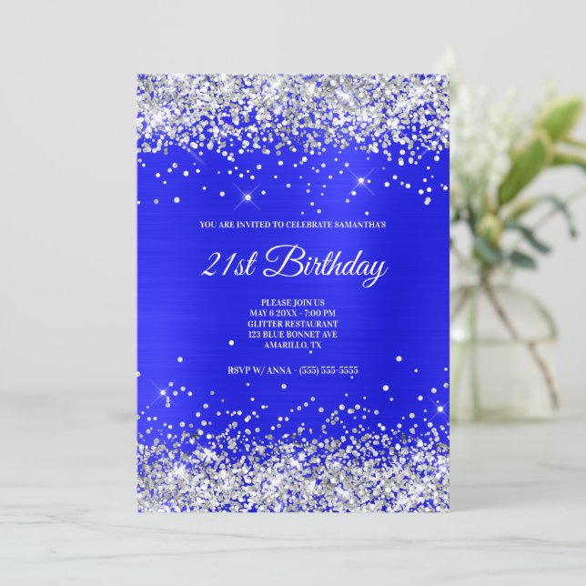Faux Sparkly Silver Glitter Bright Blue Satin Foil Inbjudningar (Stående Fram)