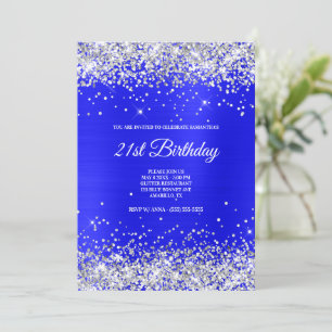 Faux Sparkly Silver Glitter Bright Blue Satin Foil Inbjudningar