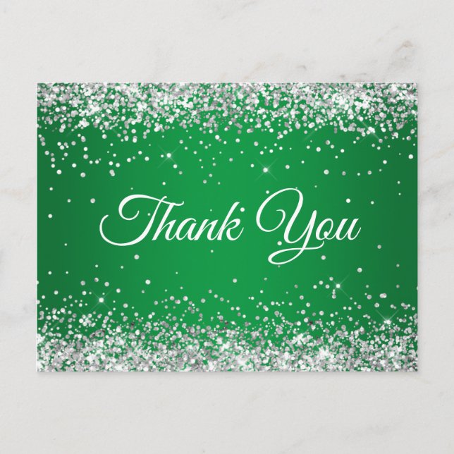 Faux Sparkly Silver Glitter Bright Grönt Tack Vykort (Framsida)