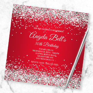 Faux Sparkly Silver Glitter Bright Red Ombre Inbjudningar