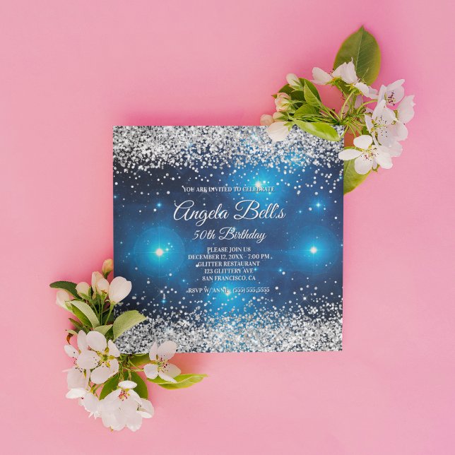 Faux Sparkly Silver Glitter Celestial Blue Inbjudningar (Create your own milestone birthday invitation for her.)