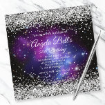 Faux Sparkly Silver Glitter Celestial Lila Inbjudningar<br><div class="desc">En elegant som fick 50-årsinbjudan till henne. Faux silver glitter med gnistor mot ett svart, lila och blått sfärfotografi. Du kan anpassa det svarta och vita calligrafmonogrammet i finare i mitten. All glansig silvrig inslag i denna moderna gigantiska design är digital grafik. Du kan överföra den monogrammade designen på framsidan...</div>