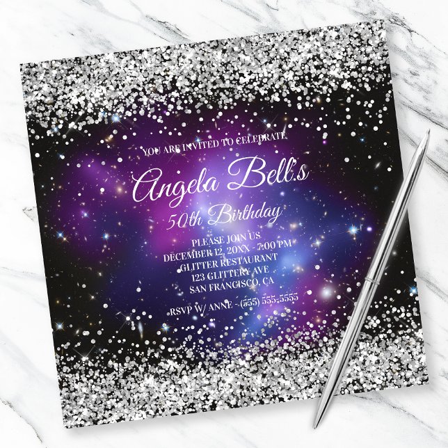 Faux Sparkly Silver Glitter Celestial Lila Inbjudningar (Skapare uppladdad)