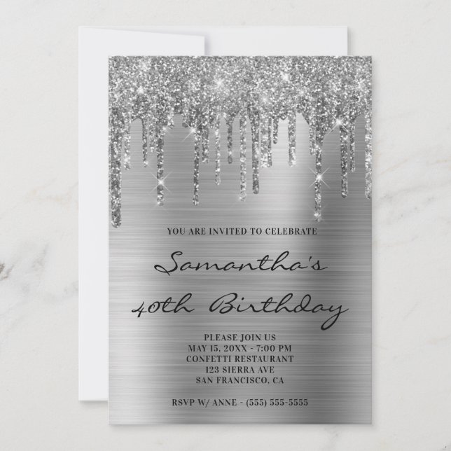Faux Sparkly Silver Glitter Drives Foil Birthday Inbjudningar (Framsida)