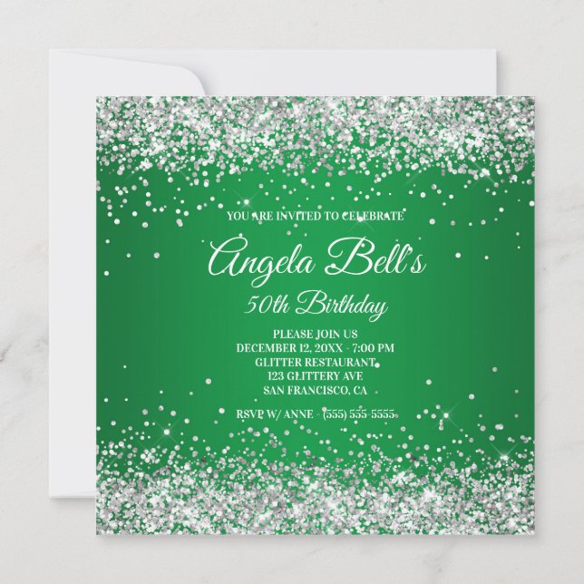 Faux Sparkly Silver Glitter Monogram Grönt Ombre Inbjudningar (Baksida)