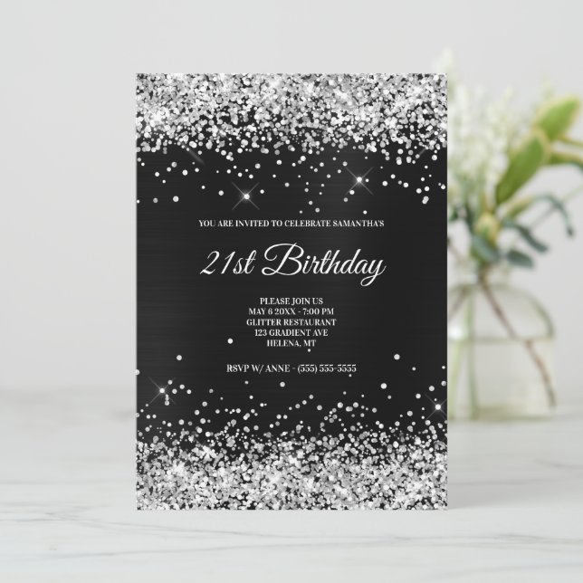 Faux Sparkly Silver Glitter Mörk Grått Black Foil Inbjudningar (Stående Fram)