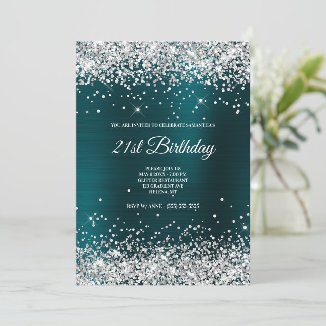 Faux Sparkly Silver Glitter Mörk Turkvoise Foil Inbjudningar (Stående Fram)