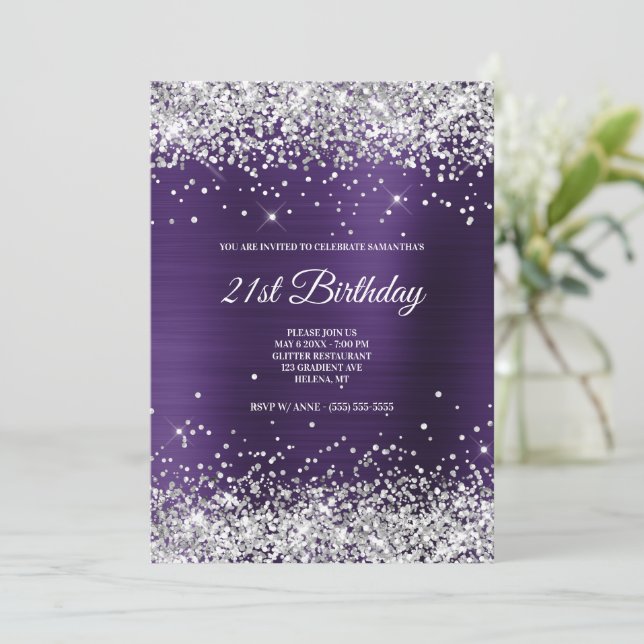Faux Sparkly Silver Glitter Mörk Violet Foil Inbjudningar (Stående Fram)