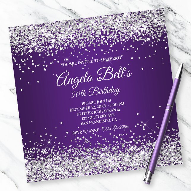 Faux Sparkly Silver Glitter Royal Lila Ombre Inbjudningar (Skapare uppladdad)