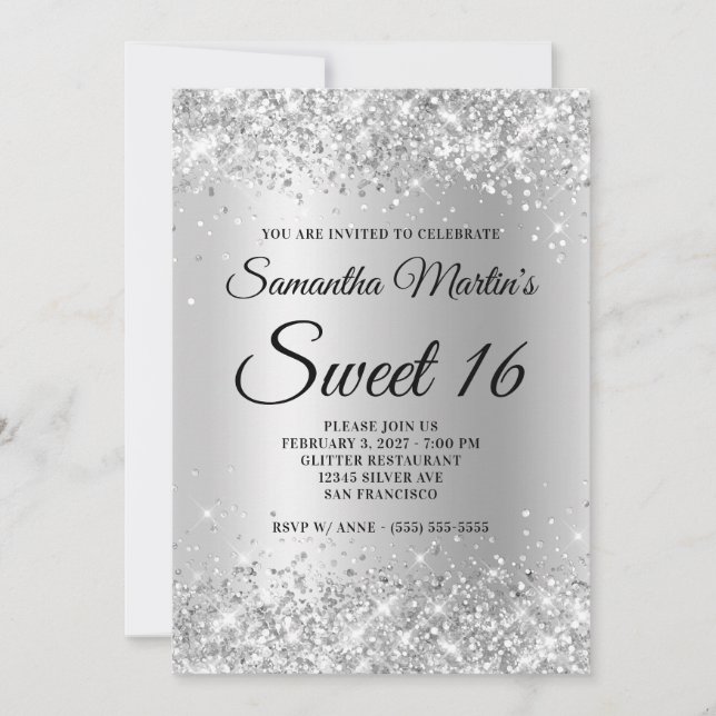 Faux Sparkly Silver Glitter Satin Foil Sweet 16 Inbjudningar (Framsida)