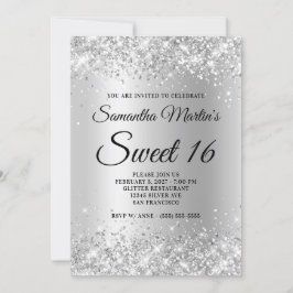 Faux Sparkly Silver Glitter Satin Foil Sweet 16 Inbjudningar