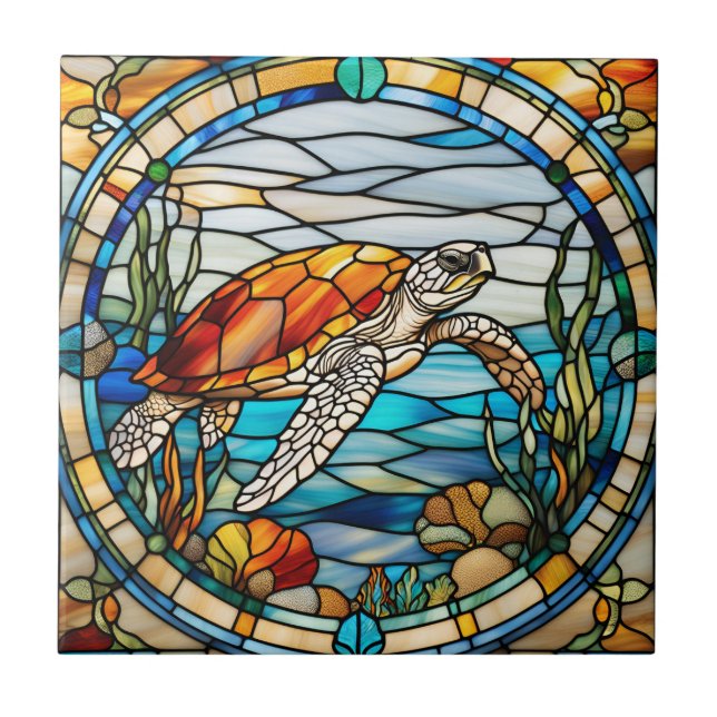 Faux Stached Glass Sea Turtle Kakelplatta (Framsidan)