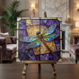 Faux Stained Glass Dragonfly Purple Gold Mosaic Kakelplatta
