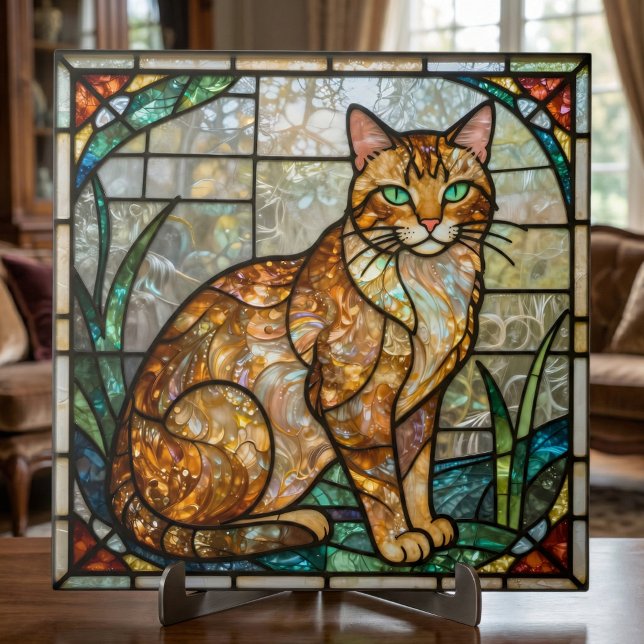 Faux Stained Glass Orange Ginger Tabby Cat Art Kakelplatta (Skapare uppladdad)