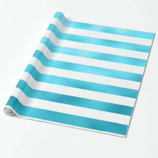 Faux Teal Blue White Vågrät Aqua Rand Presentpapper