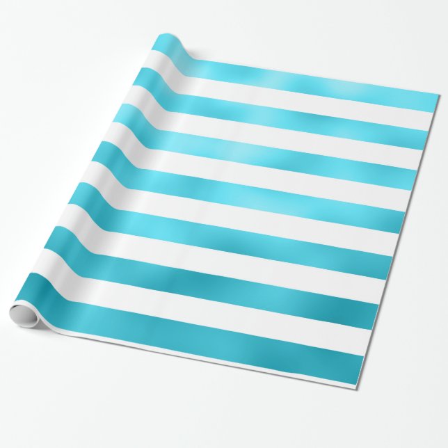 Faux Teal Blue White Vågrät Aqua Rand Presentpapper (Utrullad)