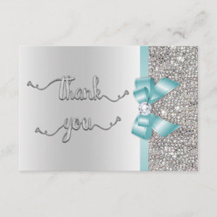 Faux Teal Bow Silver Sequins Tack Bröllop Kort