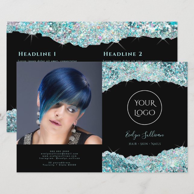 Faux teal glitter bifold brochure (Fram/baksida)