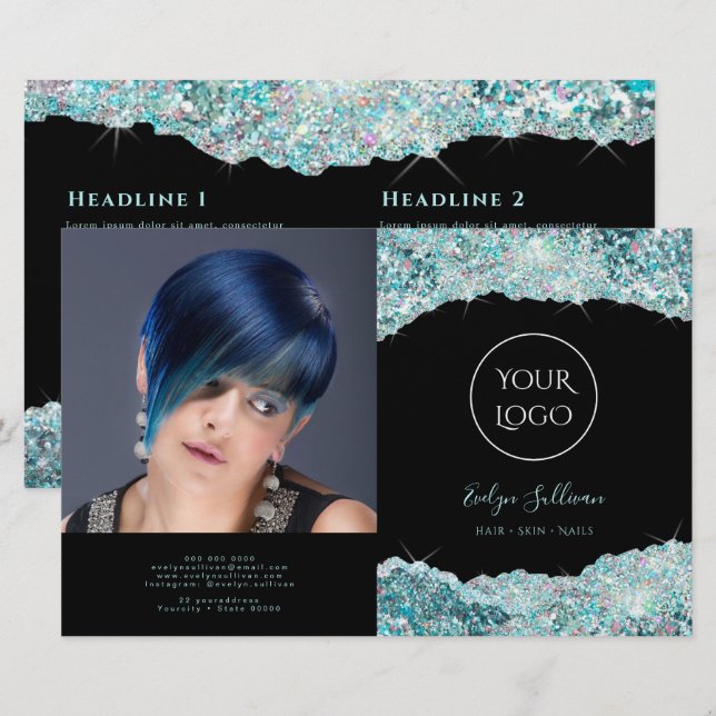 Faux teal glitter bifold brochure (Fram/baksida)