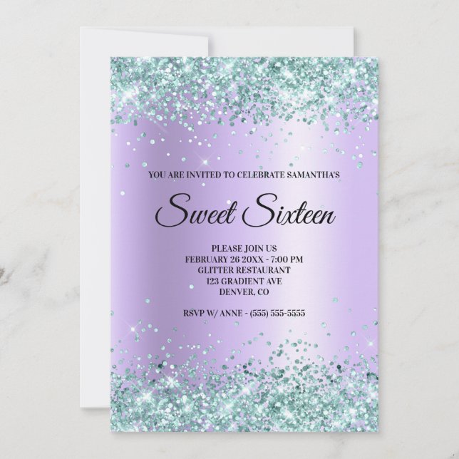 Faux Teal Glitter Lavender Satin Foil Sweet 16 Inbjudningar (Framsida)
