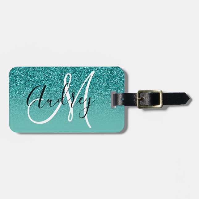 Faux Teal Glitter Ombre Personlig Monogram Bagagebricka (Horisontell Framsida)
