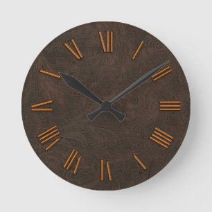 Faux tooled, Carved Leather & Copper-look Numerals Rund Klocka
