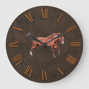 Faux Tooled, Carved Leather with Red Dun Horse Stor Klocka
