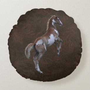 Faux Tooled-Leather & Indian Paint Pinto Colt Rund Kudde